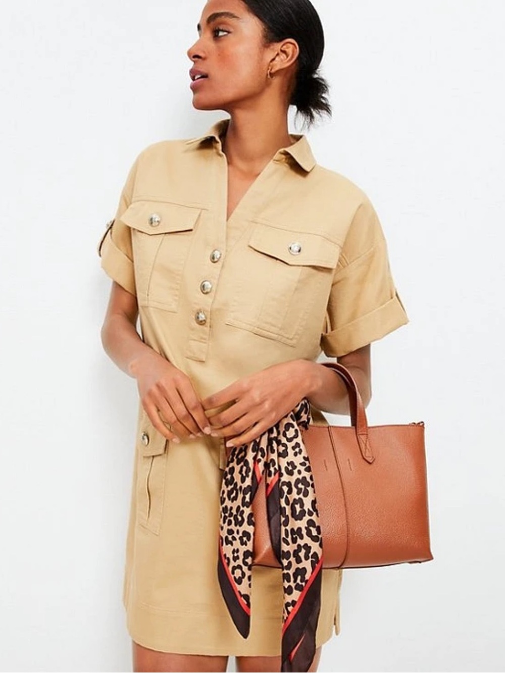 LOFT Tan Utility Shirt Dress